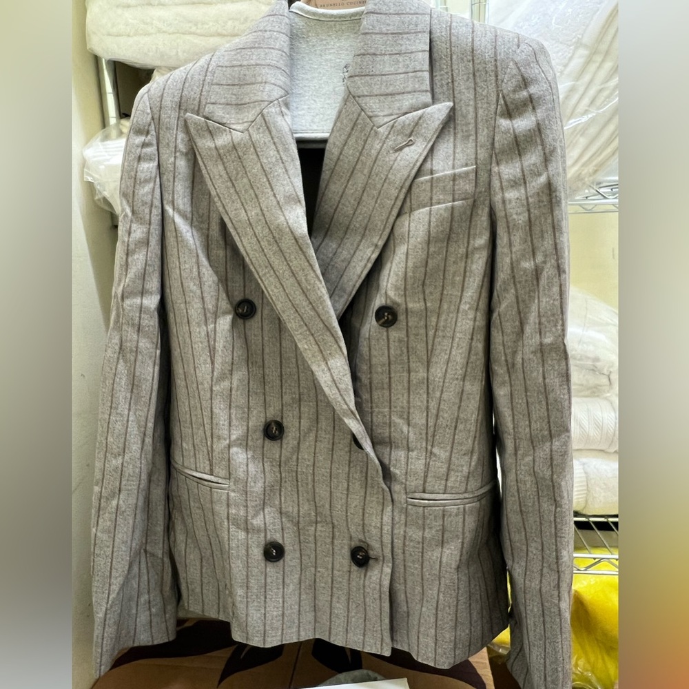 Brunello Cucinelli
Grey Brown Striped Double Breasted Wool Jacket